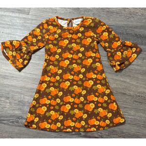 Rare Editions Girls Pumpkin Sunflower Print Dress 4T Brown Fall Thanksgiving